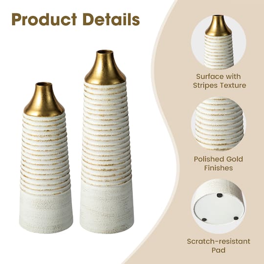 Glitzhome® Modern White & Gold Striped Metal Floor Vases Set
